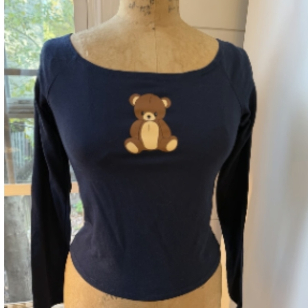Modern Lux Navy Long Sleeve Tee with Brown Teddy Bear Applique junior